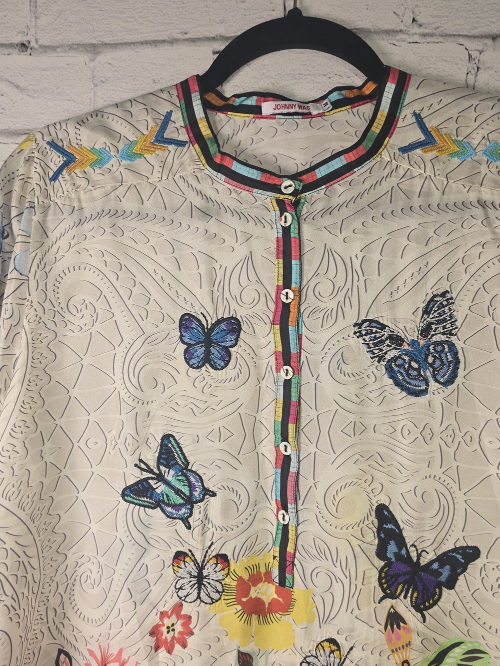 JOHNNY WAS KENDRA SILK TUNIC CREAM EMBROIDERD BUTTERFLIES FLORAL WOMENS MED - Picture 5 of 16